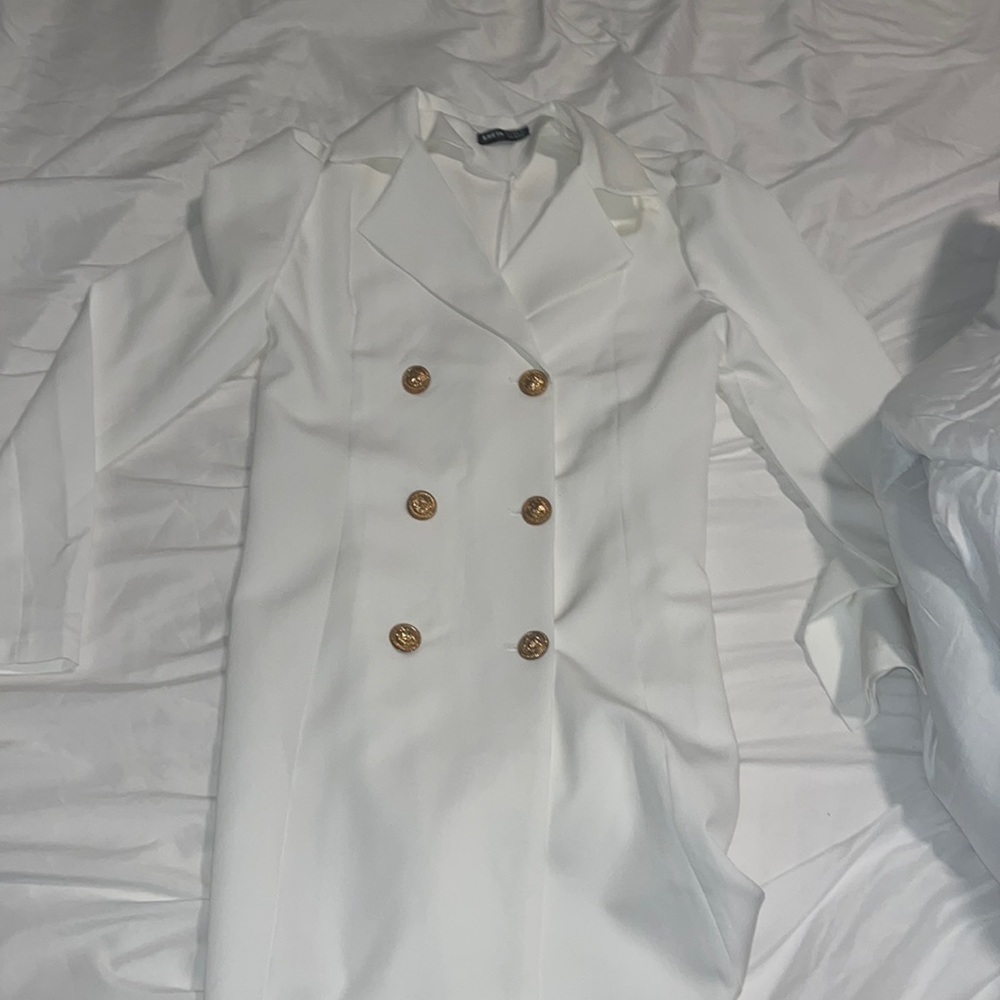 White blazer dress with gold buttons